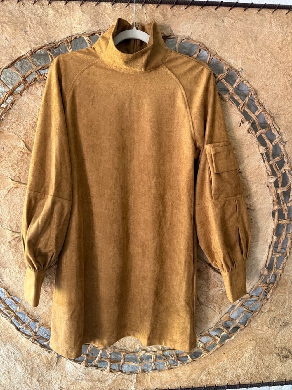 🤎 NWT Modesees Faux Suede Turtleneck Tunic Dress | Cargo Sleeve Pockets |Size M